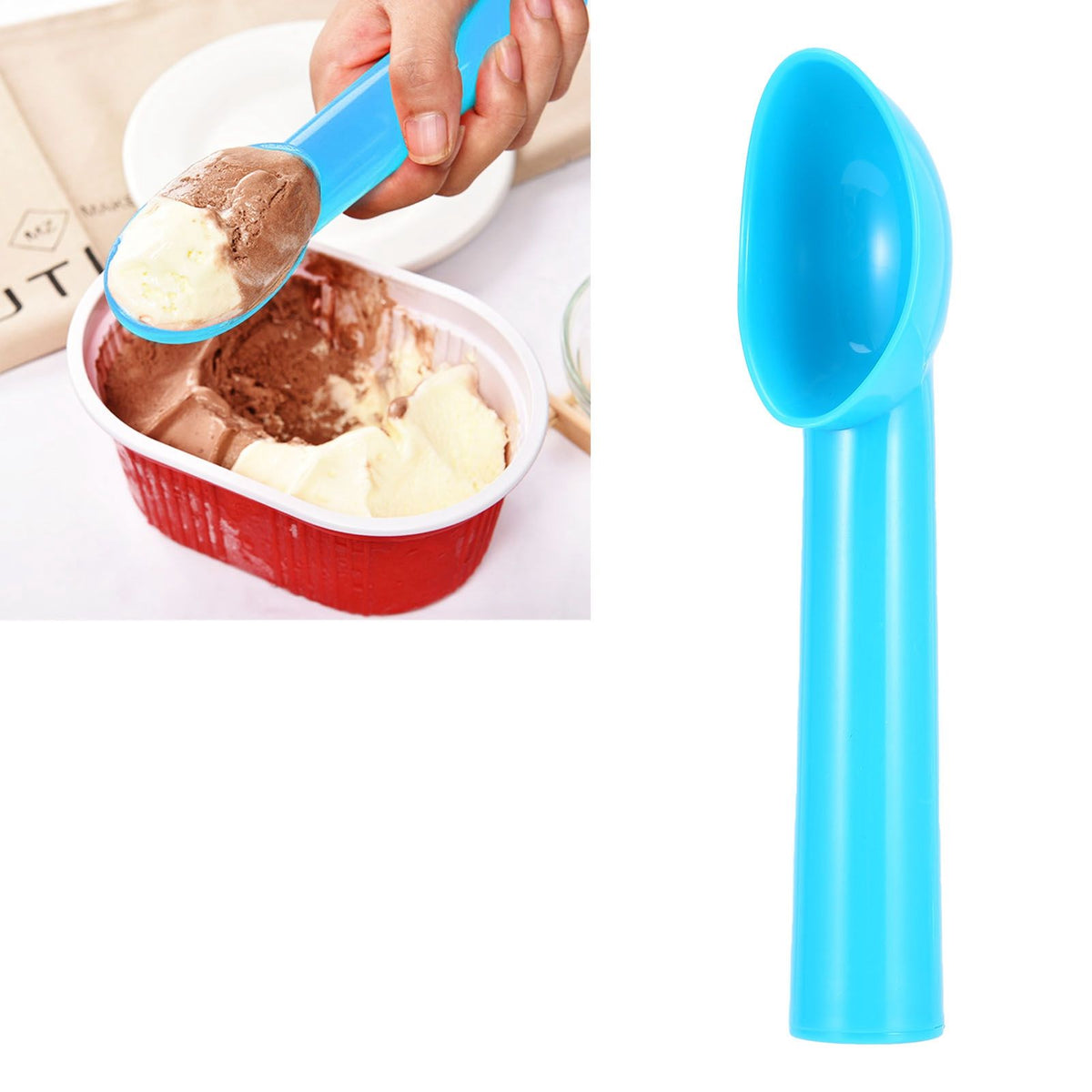 Plastic ice cream scoop and melon baller for kitchen use, durable freeze-proof design, suitable for serving desserts and fruits.