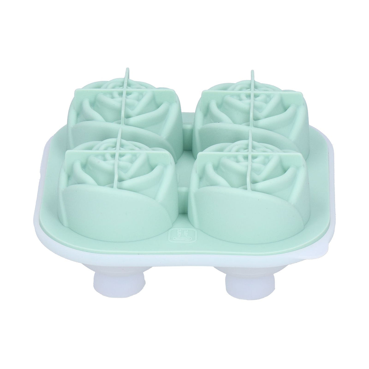 Light green silicone ice cube mold tray with four rose-shaped compartments for making decorative ice cubes at home or bar.