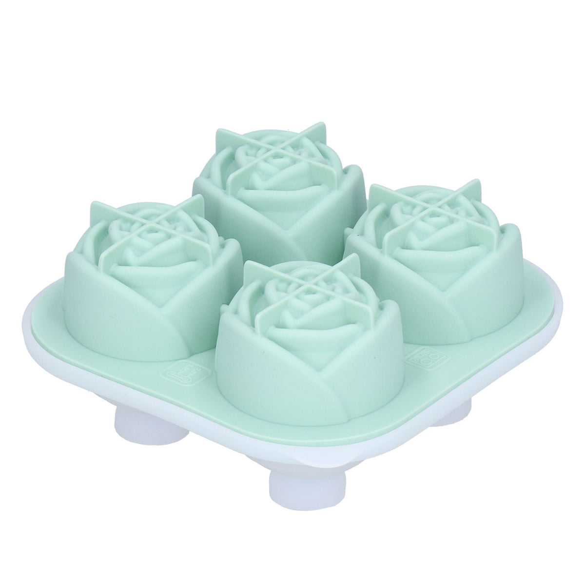 Light green silicone ice cube mold tray in rose shape with four compartments, ideal for home bar and kitchen use.