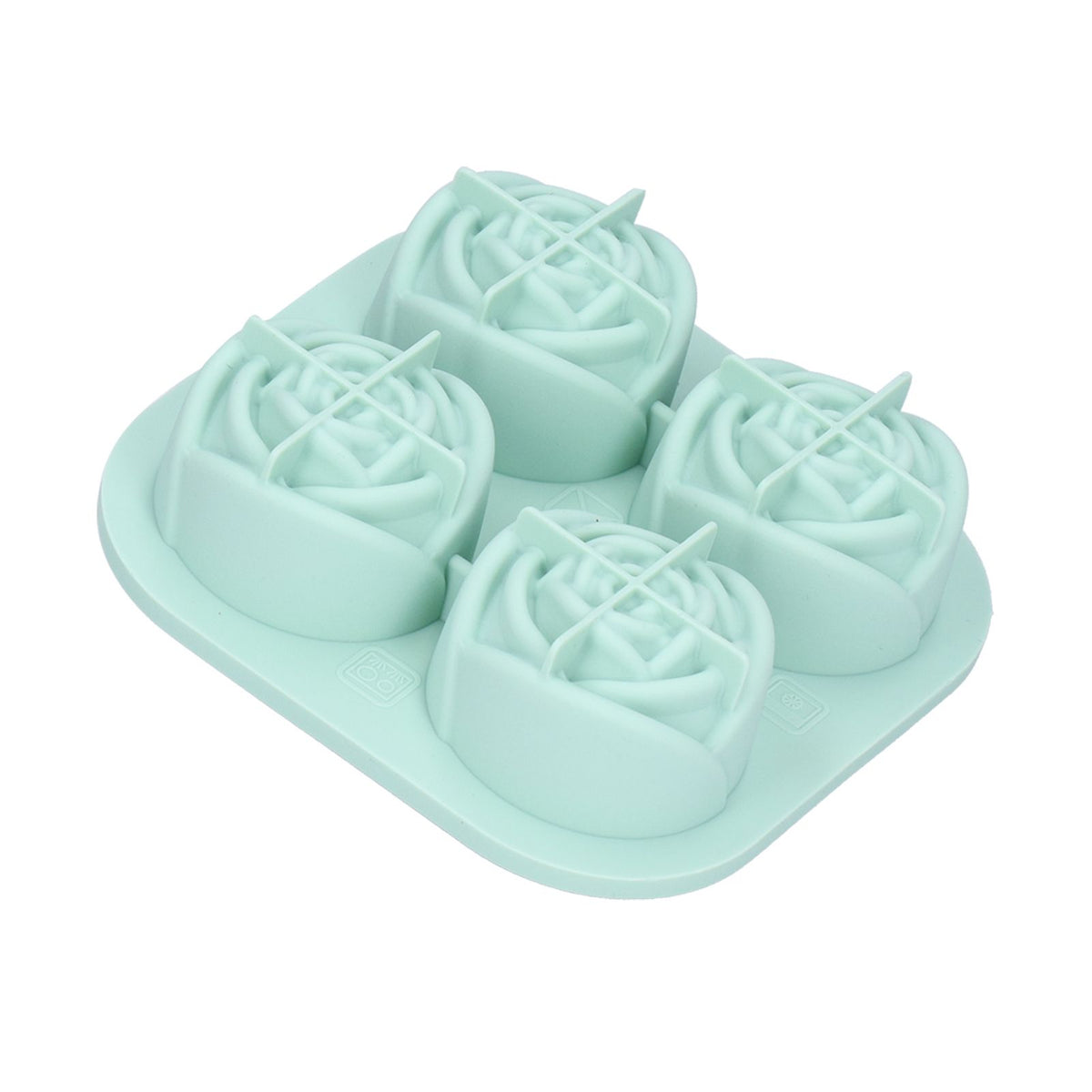 Light green silicone 4-grid rose-shaped ice cube mold tray for home bar and kitchen use, by Everything Baby.