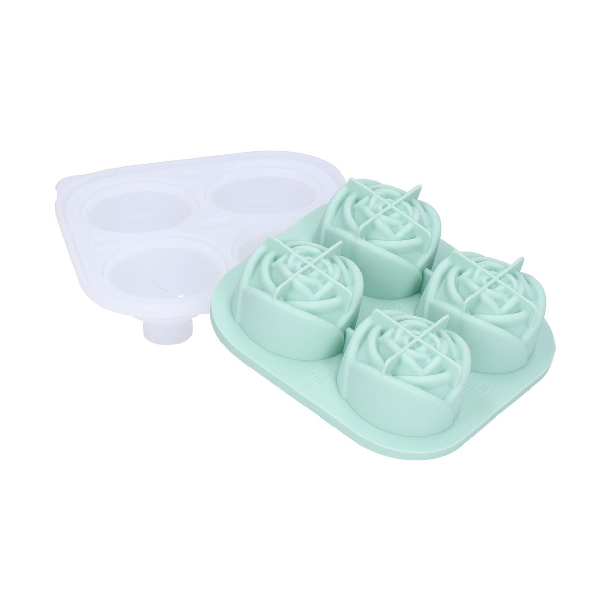 Light green silicone 4-grid rose-shaped ice mold tray for home bar and kitchen use by Everything Baby, perfect for creative ice cubes.