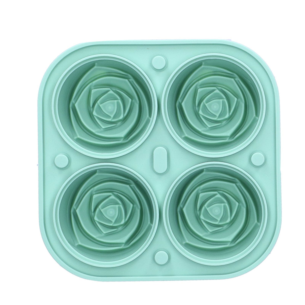 Light green silicone ice cube mold tray with four rose-shaped molds, ideal for home bar and kitchen ice making.