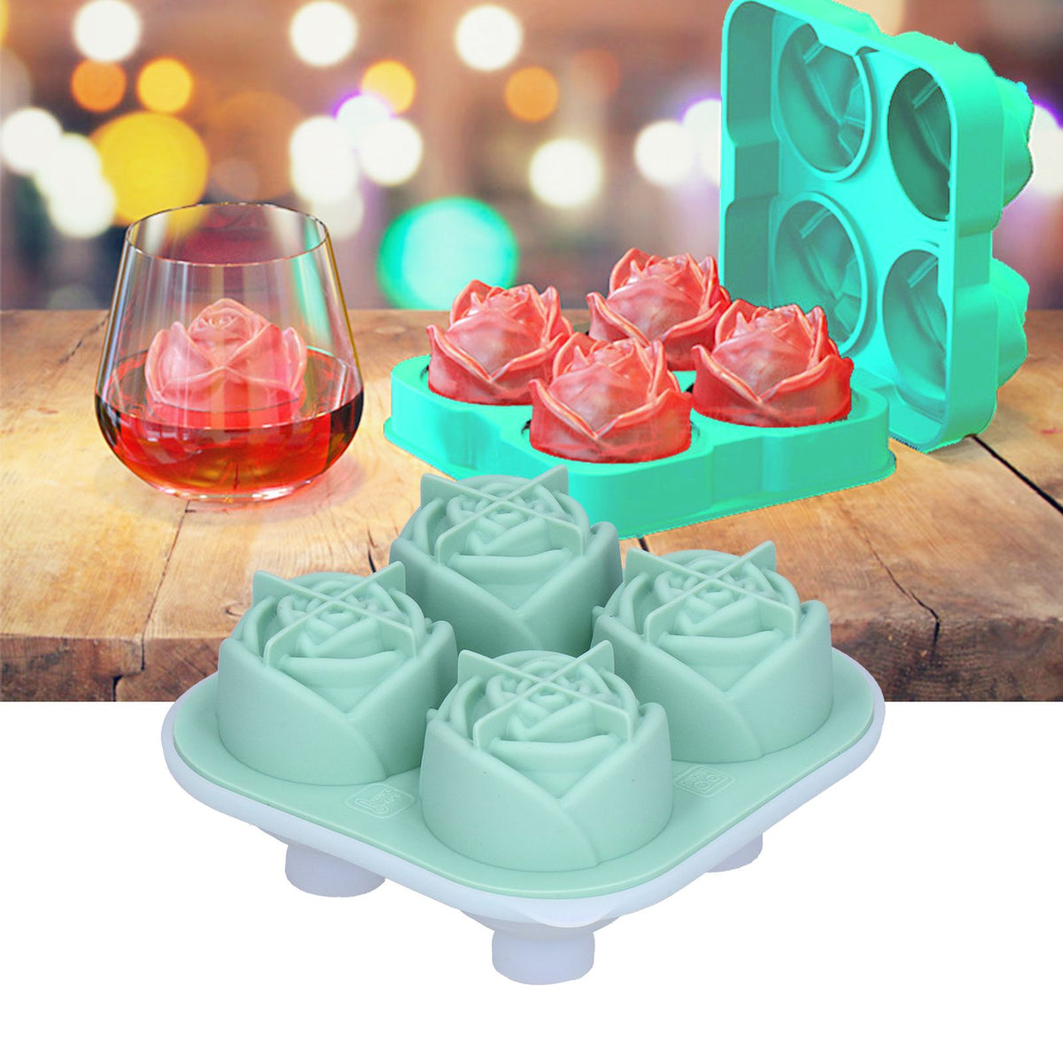 Light green silicone 4-grid rose shape ice mold tray by Everything Baby, perfect for home bar and kitchen use.