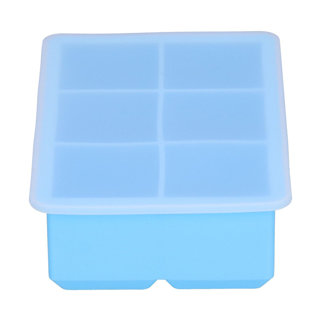 Sky blue large silicone ice tray with 6 square cells, lid, ideal for making ice cubes, cakes, chocolates, and pudding.
