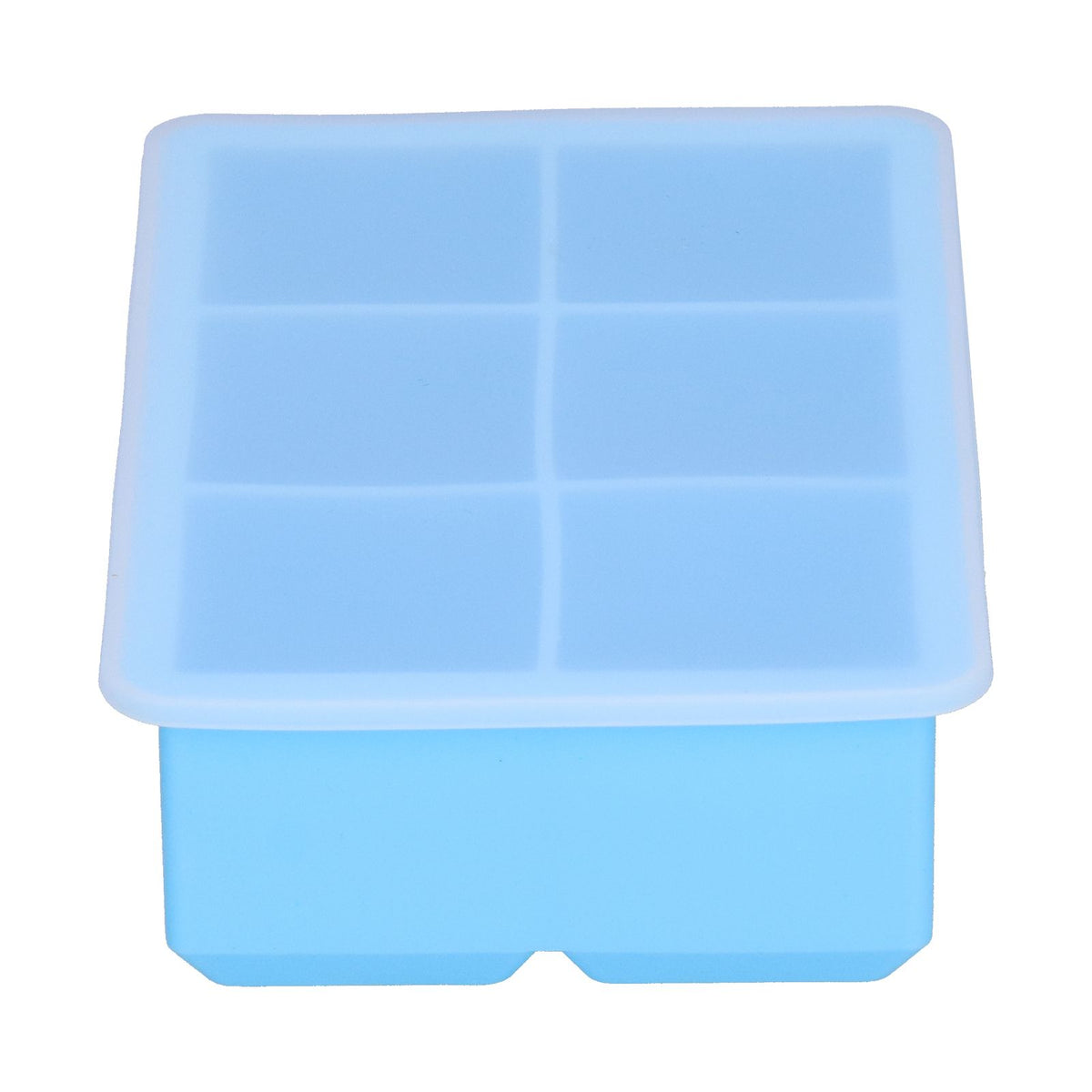 Sky blue large silicone ice tray with 6 square cells, lid, ideal for making ice cubes, cakes, chocolates, and pudding.