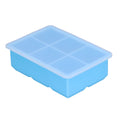 Sky blue large silicone ice tray with 6 square cells and lid, ideal for making ice cubes, cakes, chocolates, and pudding.
