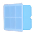 Sky blue large silicone ice tray with 6 square cells and lid, ideal for making ice cubes, cakes, chocolate, and pudding.