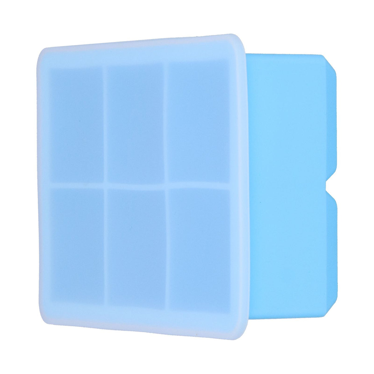 Sky blue large silicone ice tray with 6 square cells and lid, ideal for making ice cubes, cakes, chocolate, and pudding.