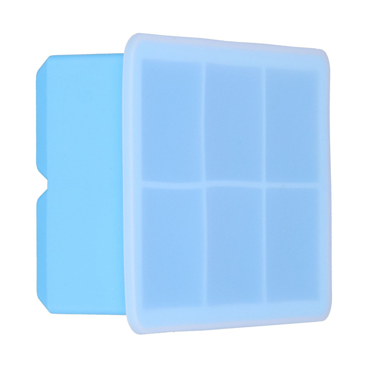Sky blue large silicone ice tray with 6 square cells and lid, ideal for making ice cubes, cakes, chocolate, and pudding.
