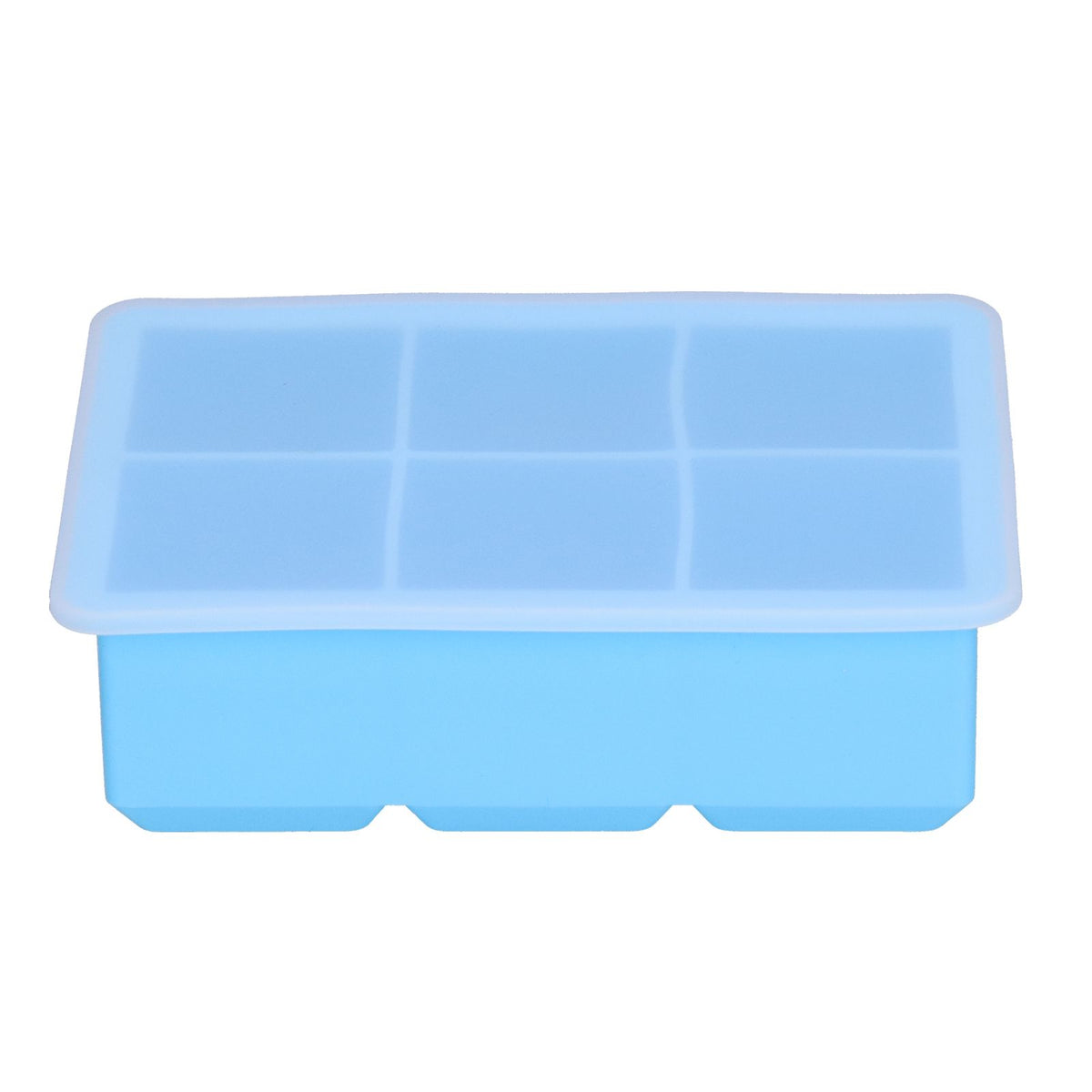 Sky blue large silicone ice tray with six square cells and lid, ideal for making ice cubes, chocolates, or puddings.