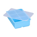 Sky blue large silicone ice tray with 6 square cells and lid, ideal for making ice cubes, cakes, chocolate, and pudding.