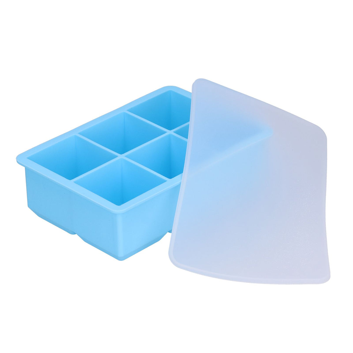 Sky blue large silicone ice tray with 6 square cells and lid, ideal for making ice cubes, cakes, chocolate, and pudding.