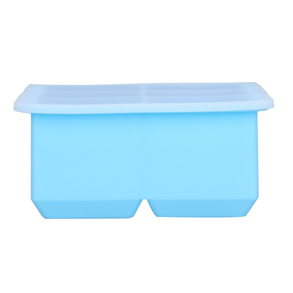 Sky blue large silicone ice tray with 6 square cells and lid, perfect for making ice cubes, cakes, chocolates, and puddings.