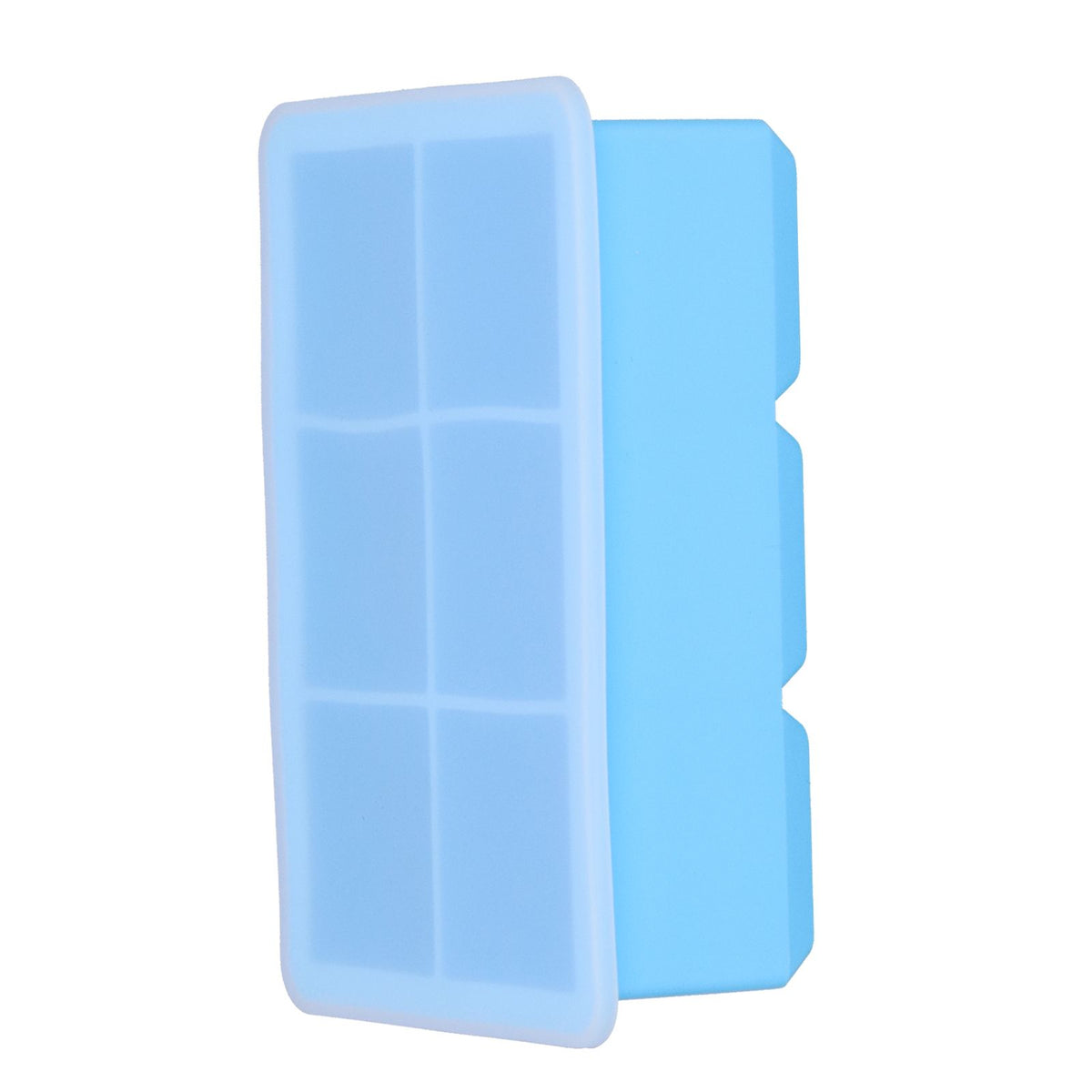 Sky blue large silicone ice tray with 6 square cells and lid, ideal for making ice cubes, cakes, chocolate, and pudding.