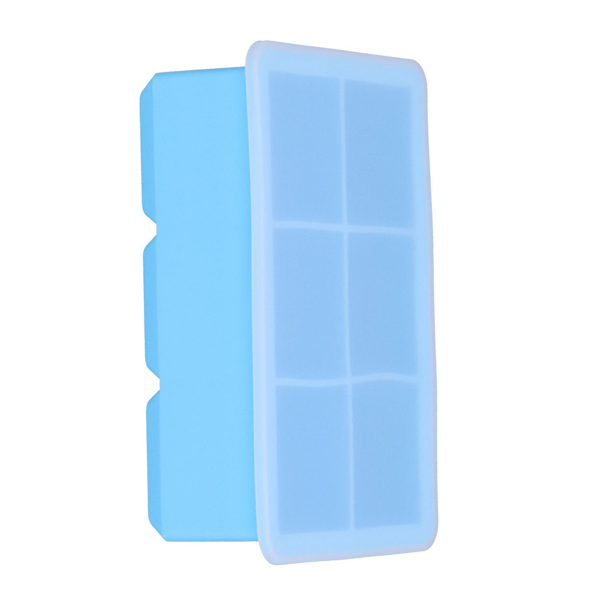 Sky blue large silicone ice tray with 6 square cells and lid, ideal for making ice cubes, cakes, chocolates, or pudding.