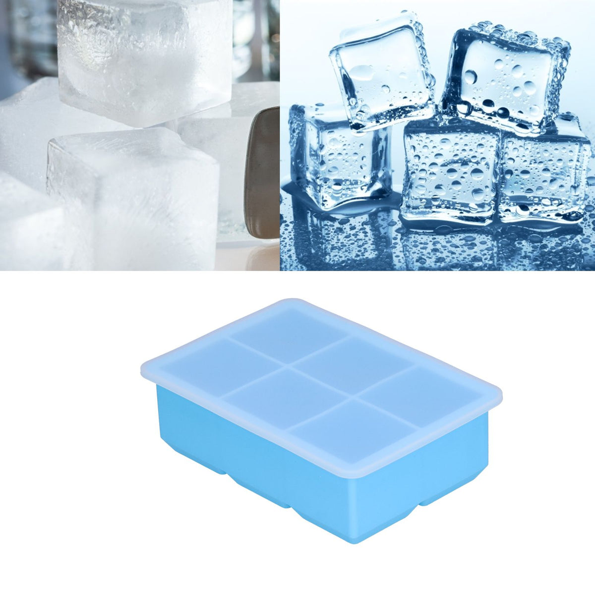 Sky blue large silicone ice tray with six square cells and lid, ideal for making ice cubes, cakes, chocolate, and pudding.
