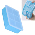 Sky blue large silicone ice tray with six square cells and lid, ideal for making ice cubes, cakes, chocolates, and puddings.