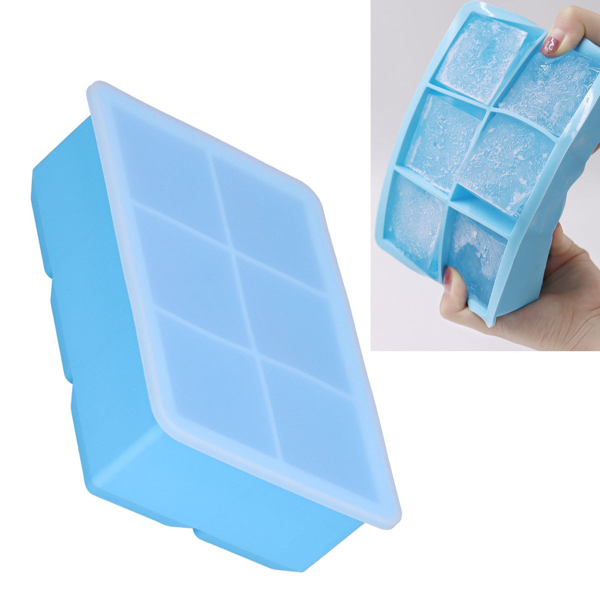 Sky blue large silicone ice tray with six square cells and lid, ideal for making ice cubes, cakes, chocolates, and puddings.