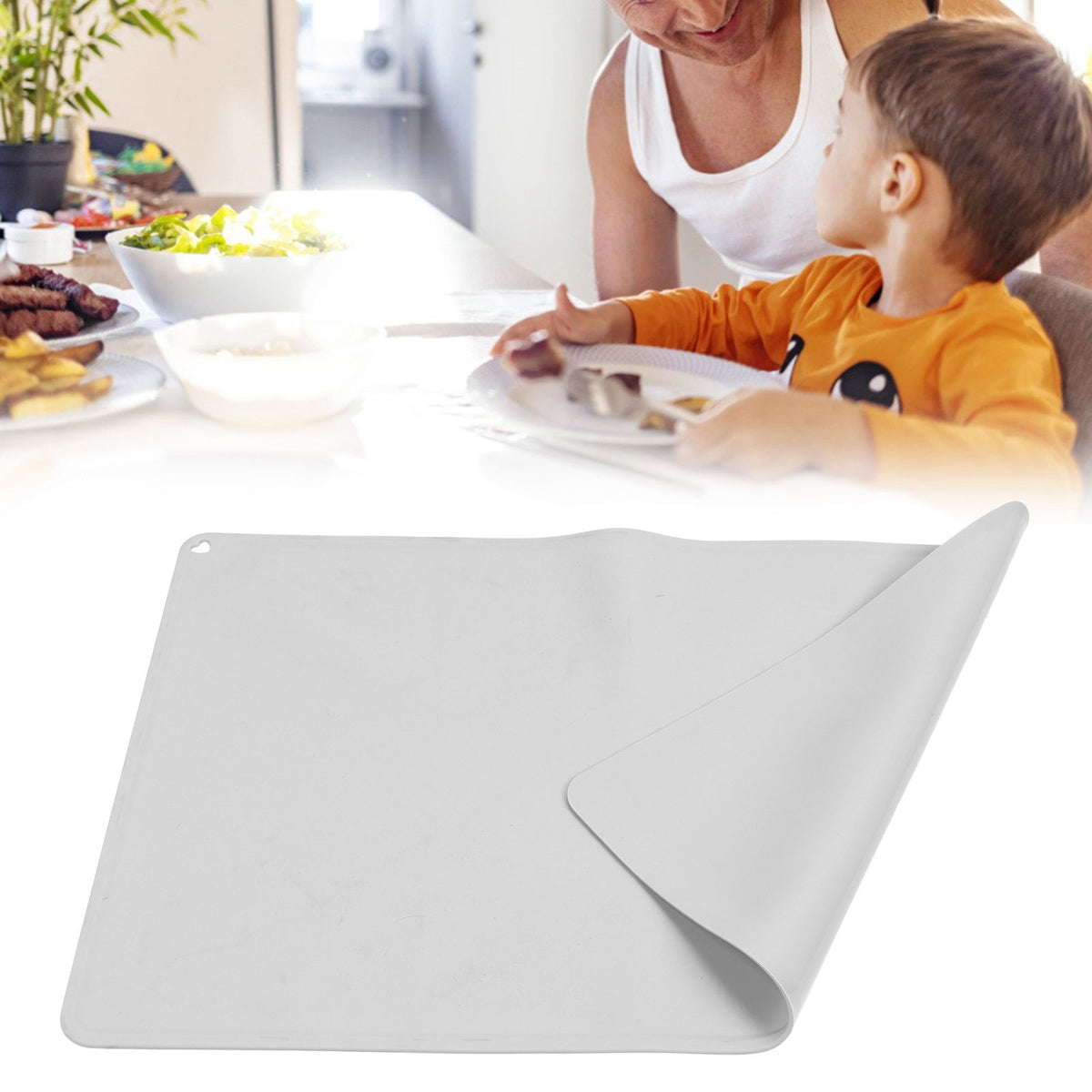 Gray silicone waterproof non-slip placemat for kids, heat insulation pad for baby and toddler table use, from Everything Baby.