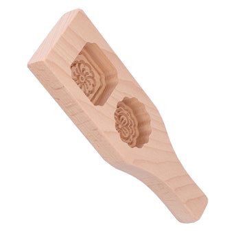 Wooden mooncake mold with two holes, handmade Chinese pastry baking tool for home use, ideal for creating traditional mooncakes.