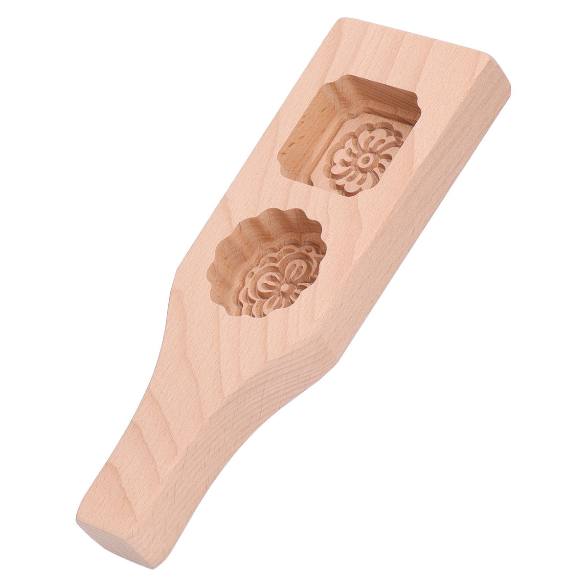 Wooden mooncake mold with two holes, handmade Chinese pastry baking tool, suitable for home use in pretend play for kids.