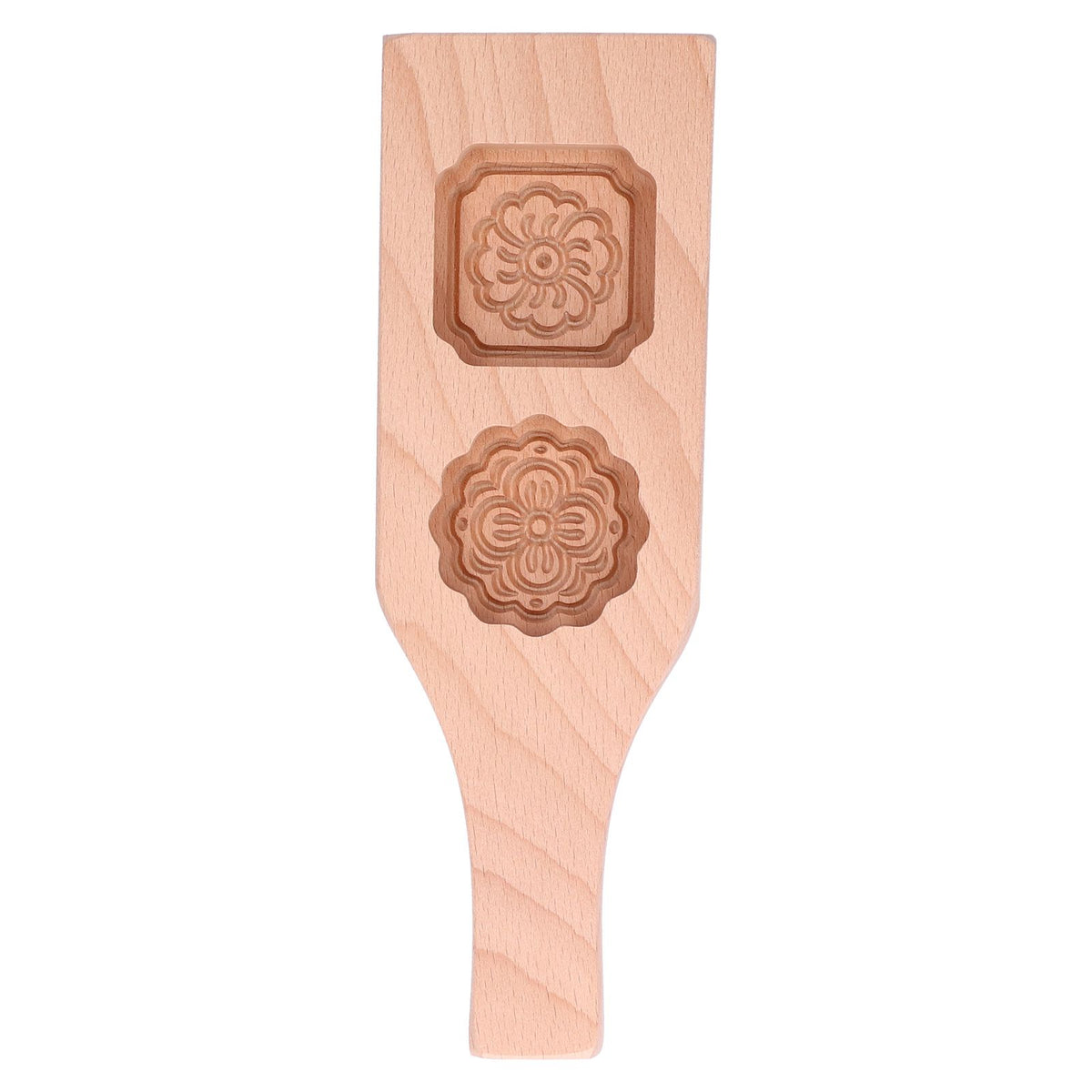 Chinese style wooden mooncake mold with 2 holes, handmade pastry baking tool for home use, suitable for kids' pretend play.