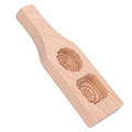 Wooden mooncake mold with two holes, handmade Chinese pastry baking tool for home use, suitable for kids' pretend play and baking fun.