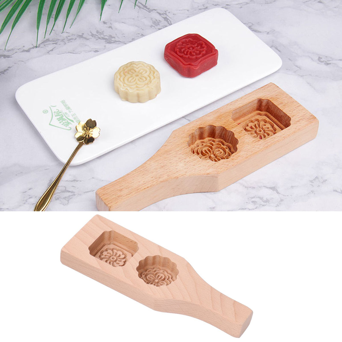 Chinese style wooden mooncake mold with two holes, handmade pastry baking tool for home use, suitable for pretend play with kids.