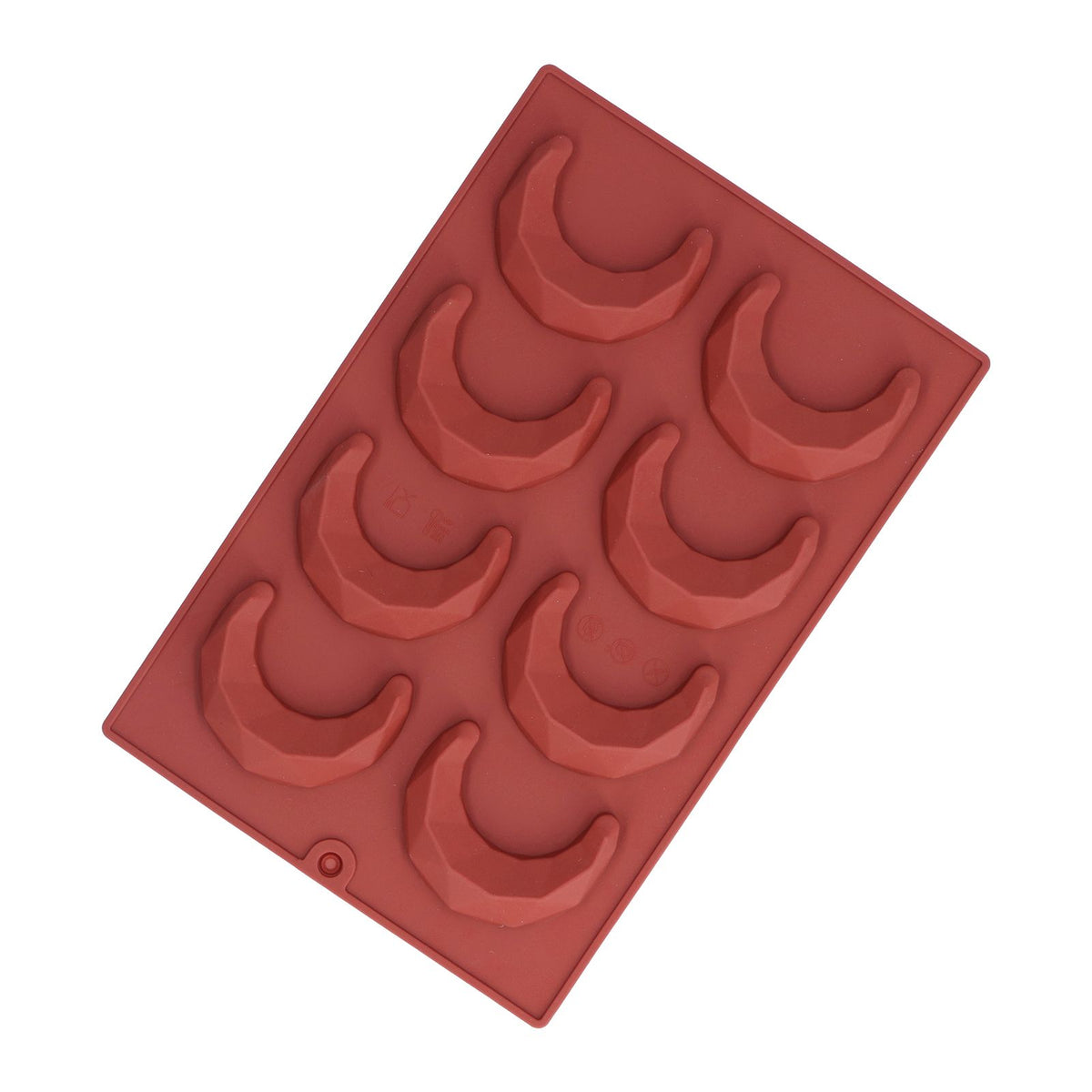 8-hole moon-shaped silicone mold for making 3D chocolate cakes, ideal for home bakery and kids' pretend play.