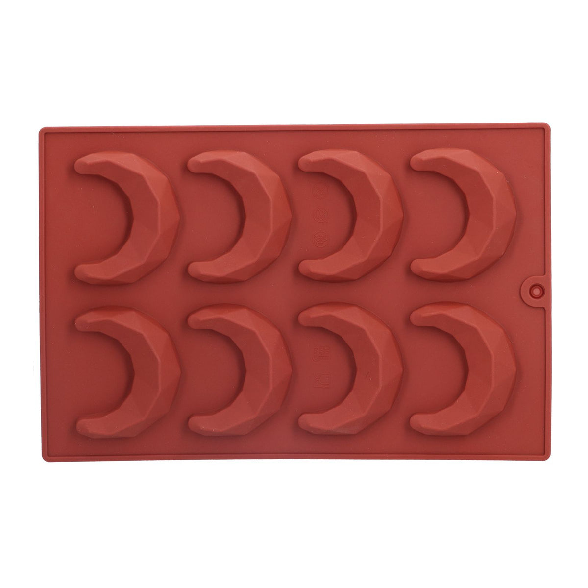 Eight-hole moon-shaped silicone mold for 3D chocolate cake decoration, ideal for home bakery and kids' pretend play.