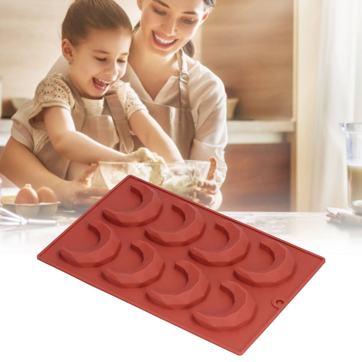 Moon-shaped 8-hole 3D chocolate cake mold for kids' pretend play, ideal for home bakery and kitchen baking activities.