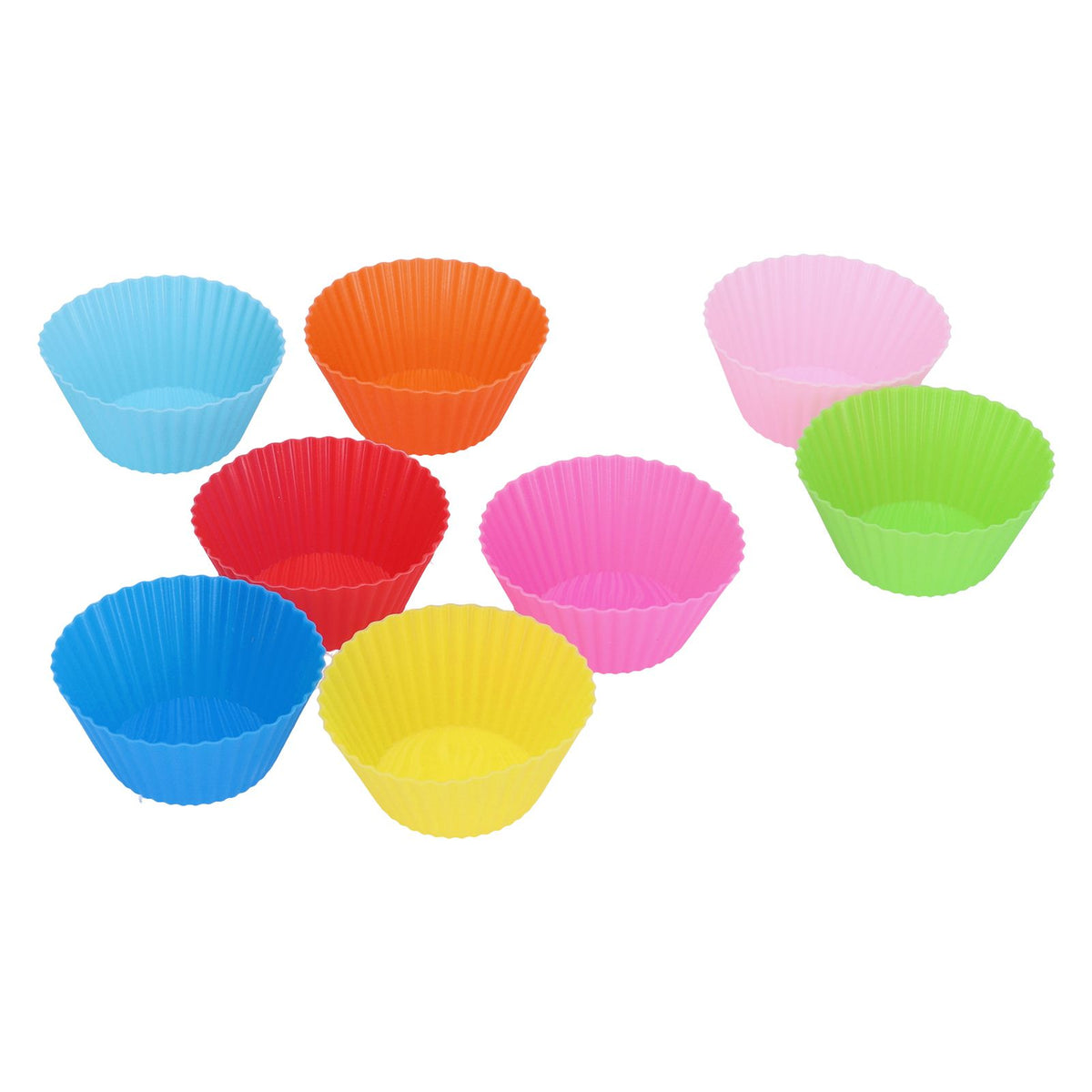 Set of 8 silicone baking cups, 7cm round, reusable, heat-resistant cake molds for baking and dessert presentation.