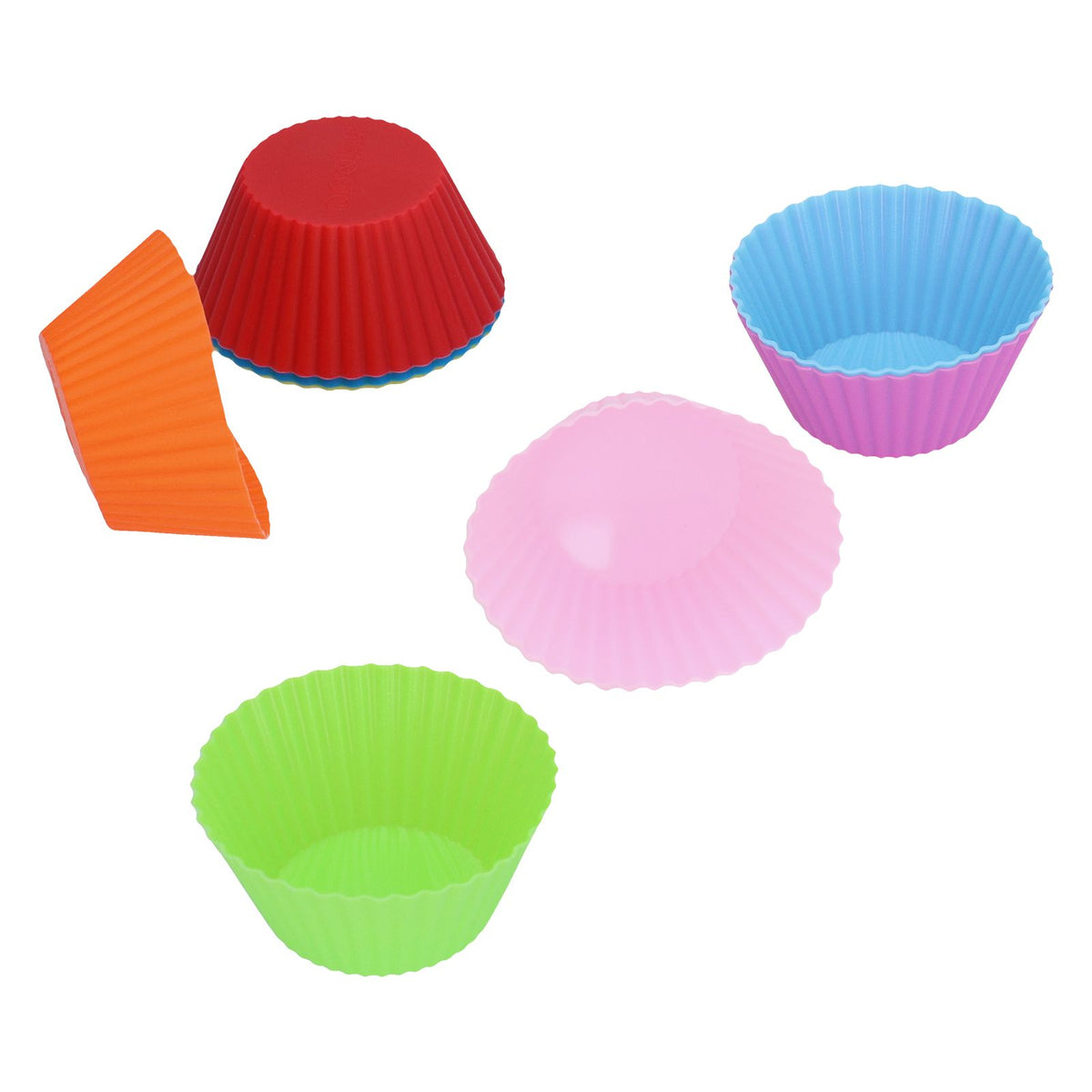 Set of 8 silicone baking cups, 7cm round heat-resistant cake molds, reusable for baking and kids' feeding.