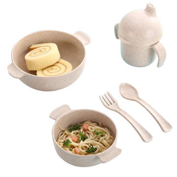 Children Tableware Set Bowl Sippy Cup Fork Spoon Easy Cleansing Wheat Fiber Learning Bowl Set