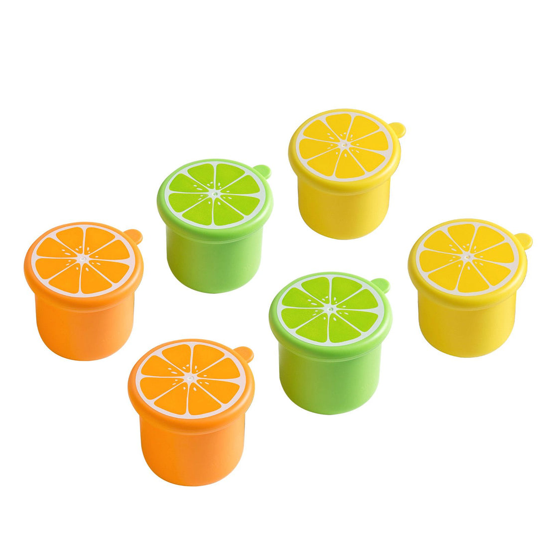 Six colorful cylindrical ice cube molds with lids for baby food and drinks, ideal for home use. Green, yellow, and orange.