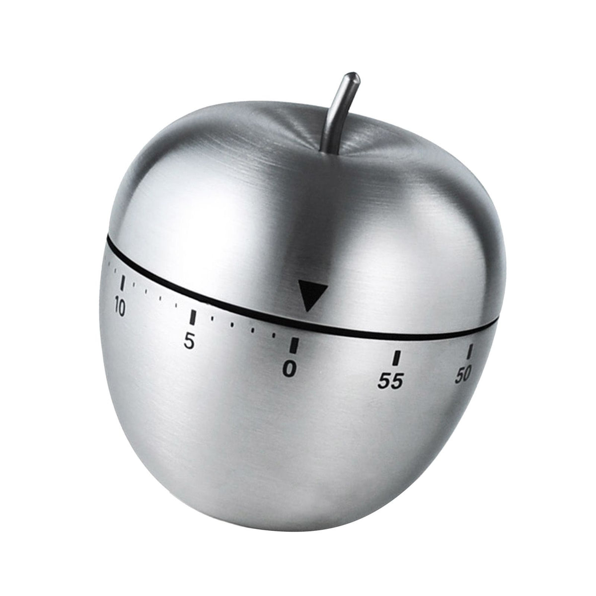 Cute fruit-shaped mechanical kitchen timer with stainless steel body and clear scale, ideal for cooking and timing tasks.
