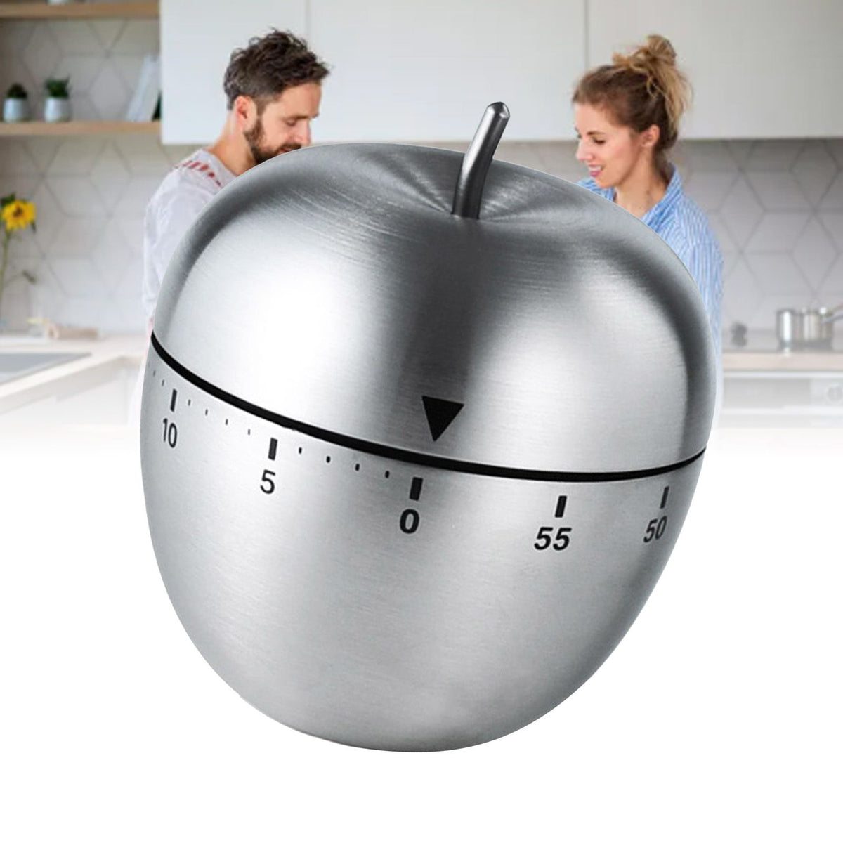 Fruit-shaped stainless steel kitchen timer with clear scale, portable mechanical countdown for cooking or reminders.