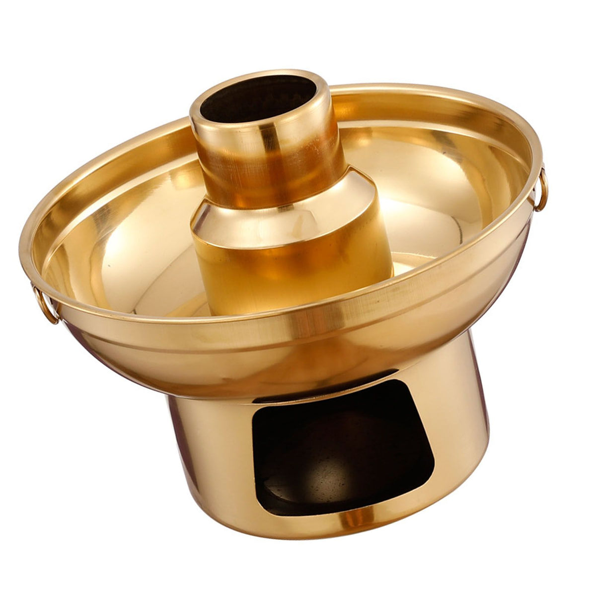 Stainless steel 22cm dessert pan with fountain for ice cream, fruits, and dry ice, ideal for fondue and dessert presentation.