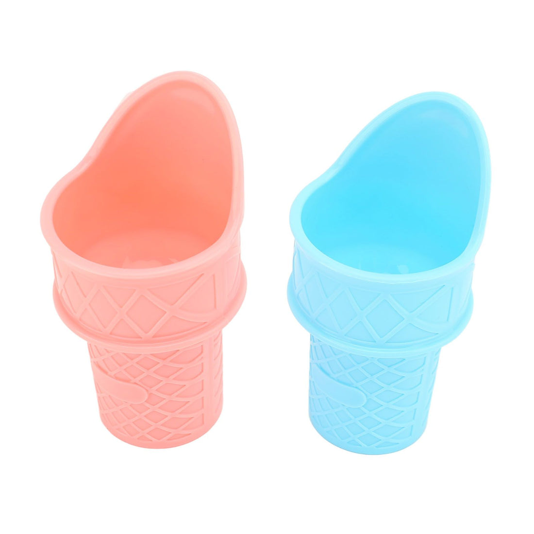 Pink and blue reusable ice cream cone scoops for kids, made of durable PP, perfect for party treats and frozen desserts.