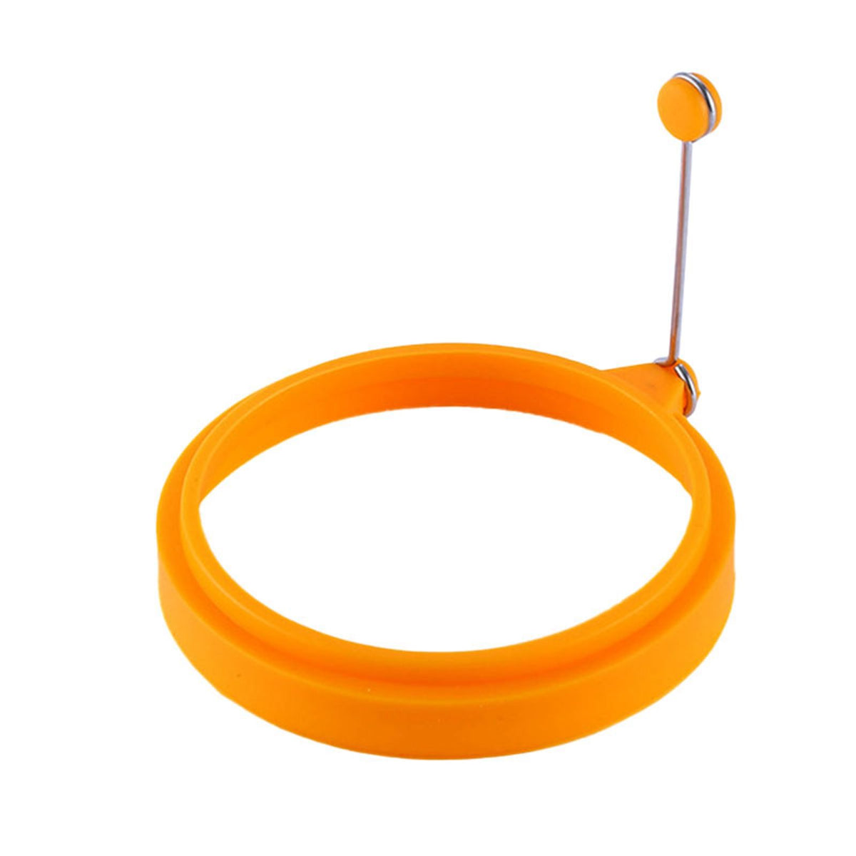 Orange silicone round egg ring for easy, reusable frying of eggs and pancakes, ideal for breakfast sandwiches and kids' meals.