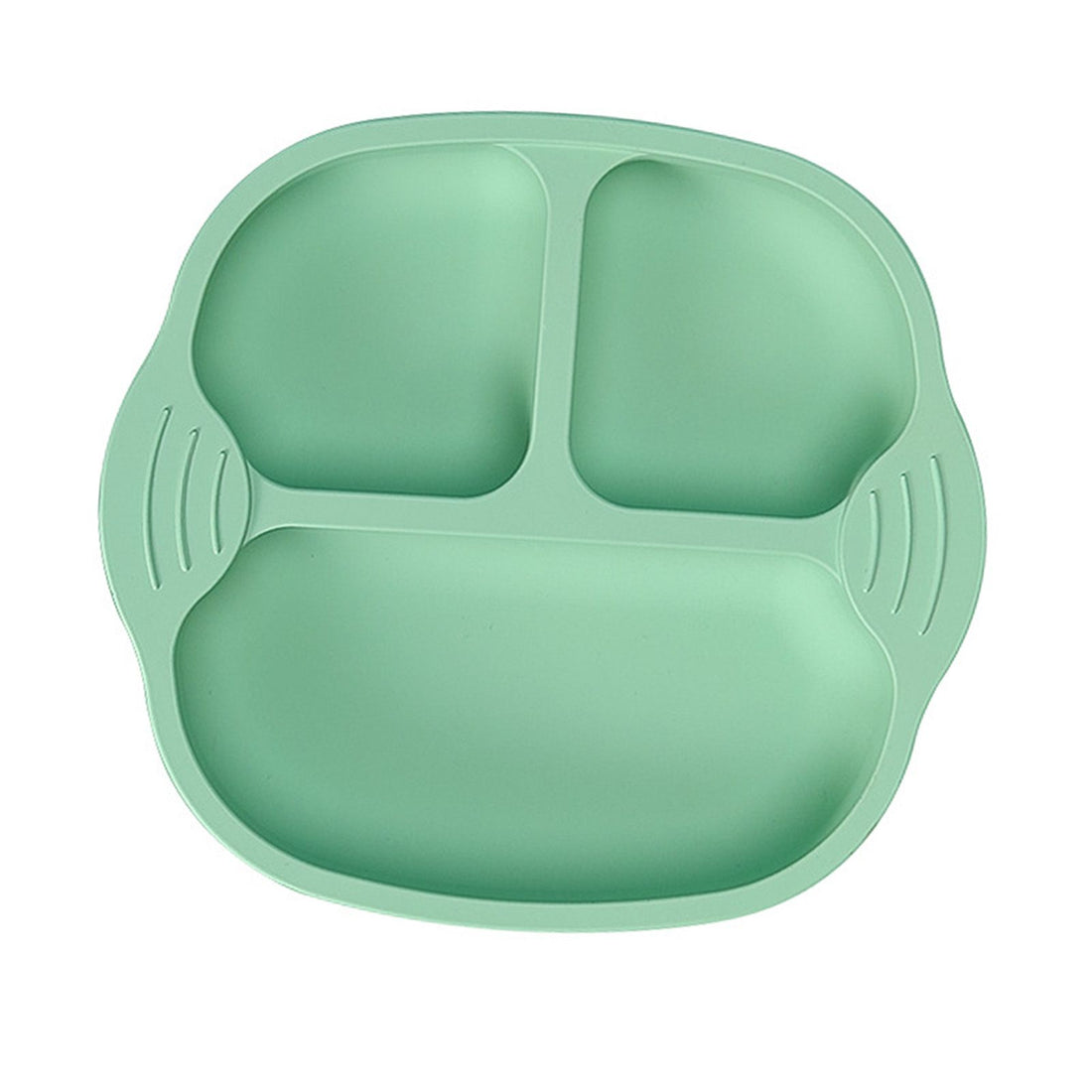 Green silicone baby dinner plate with strong suction cup, divided sections, and easy-to-clean design for feeding infants.