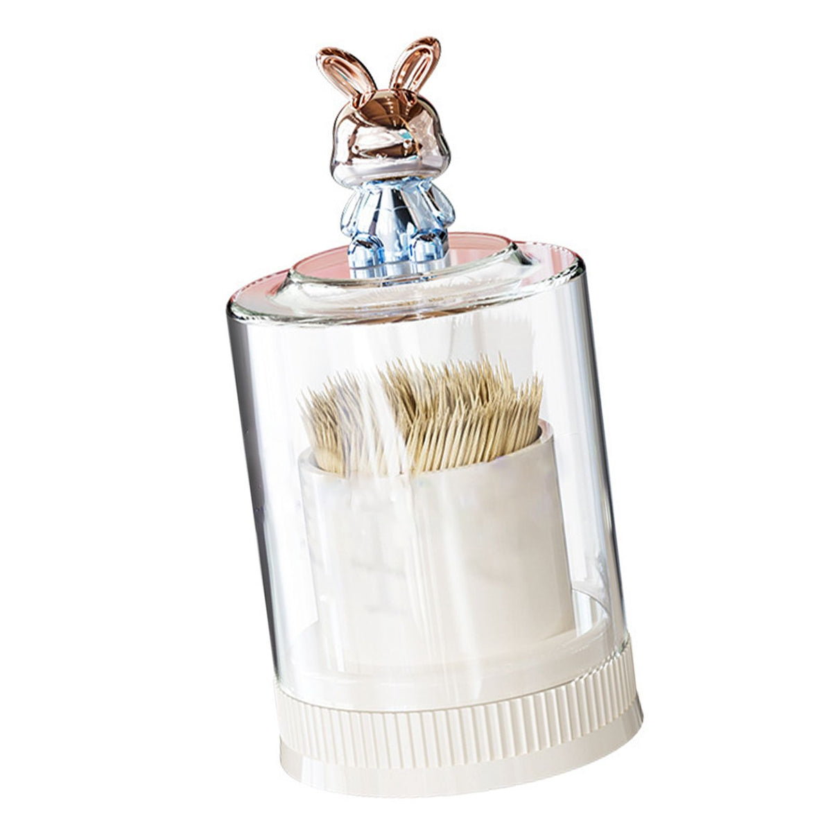 Transparent round toothpick holder with a cute rabbit lid, large capacity, ideal for kitchen or restaurant use