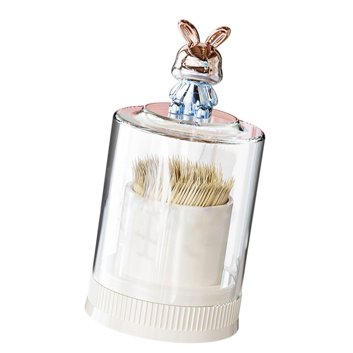 Clear round toothpick holder with a cute rabbit lid, large capacity, ideal for kitchen or restaurant use.