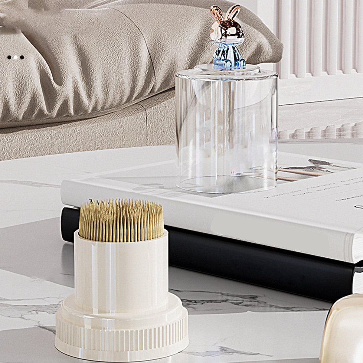 Transparent round toothpick holder with a cute rabbit lid, large capacity, ideal for kitchen or restaurant use.