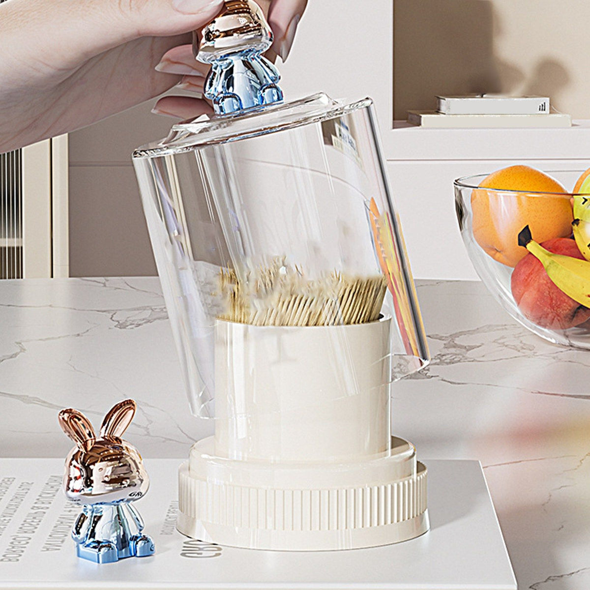 Round transparent toothpick holder with cute rabbit lid, large capacity for kitchen or restaurant use, by Everything Baby.