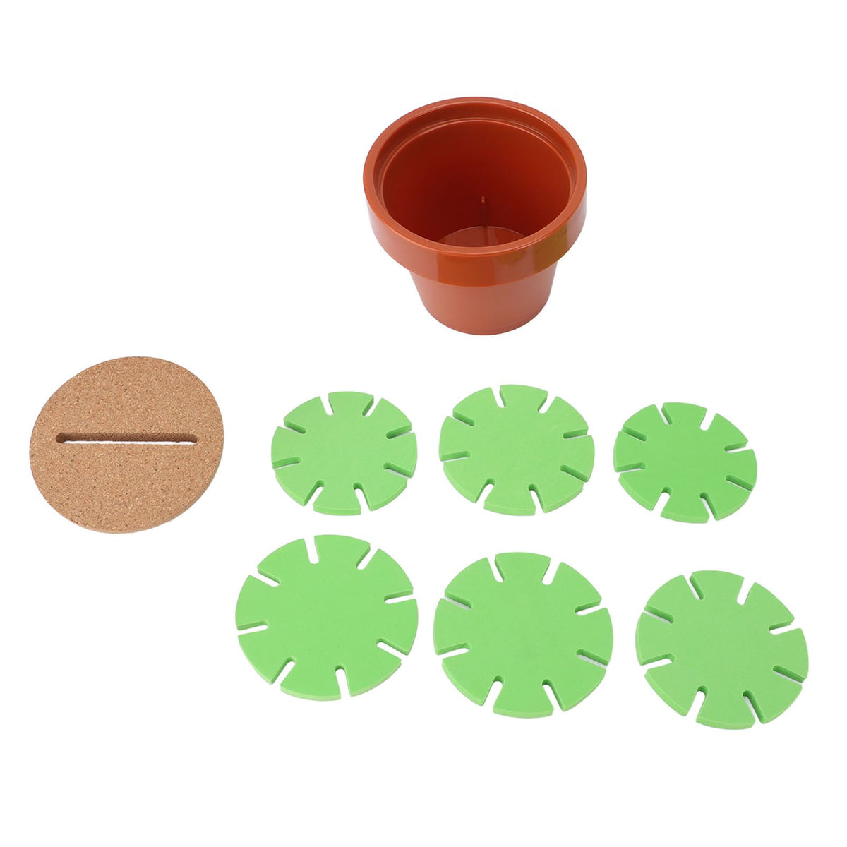 Cute cactus coaster with flowerpot holder, heat insulation and antislip features for protecting surfaces in home or stroller use.