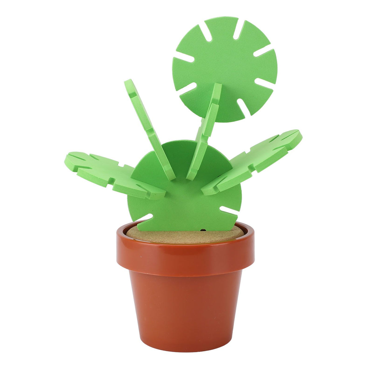 Cactus-shaped heat insulation coaster with flowerpot holder, antislip surface, for protecting tables from drinks.