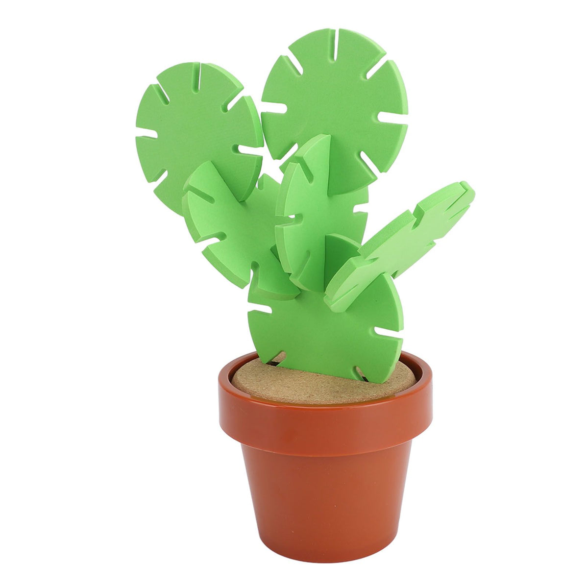 Cute cactus coaster with flowerpot holder, heat insulation, and anti-slip design for protecting tabletops in home or stroller use.