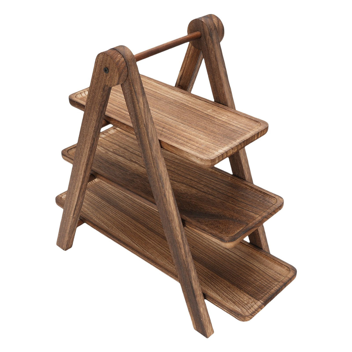 Wooden 3-tier serving tray with rectangular design, ideal for displaying cupcakes or snacks, farmhouse style tiered platter.