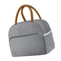 Grey reusable insulated lunch bag for women and men, leakproof thermal food box suitable for office, picnics, and outdoor trips.